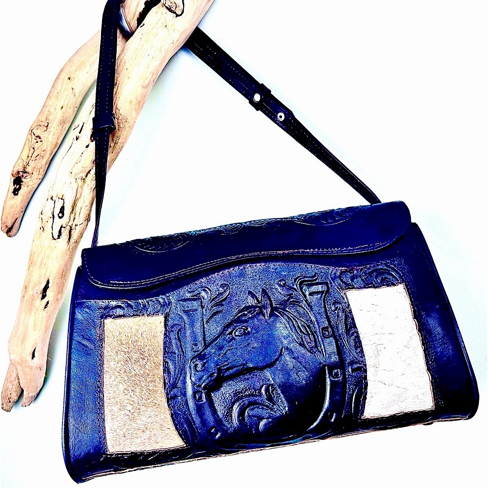 SHOULDER BAG LUCKY HORSE Embossed Crossbody Western Style Vintage Tooled Leather